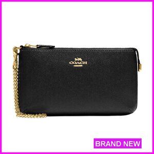 Large Leather Wristlet with Chain Strap, 8 Card Slots, Zipper Closure